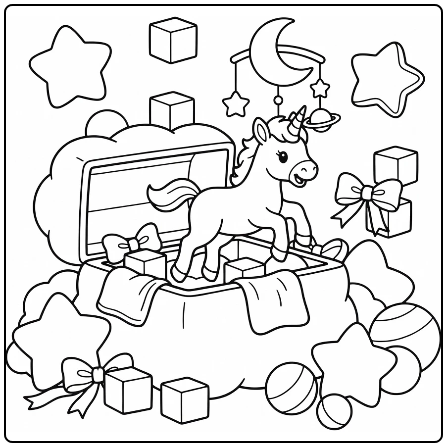 Baby unicorn coloring page: foal leaps from cloud toy chest