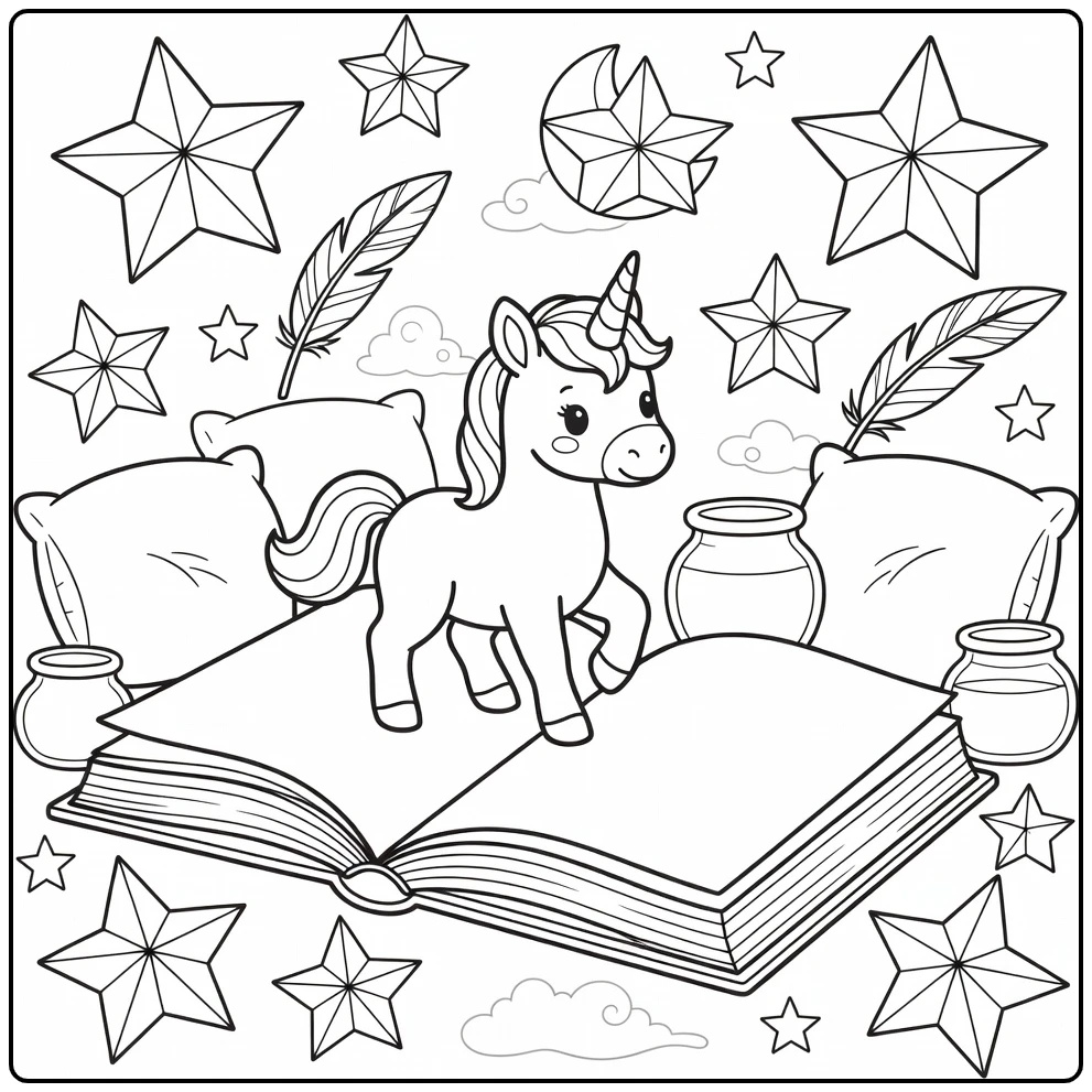 Baby unicorn coloring page: foal tiptoeing on giant storybook