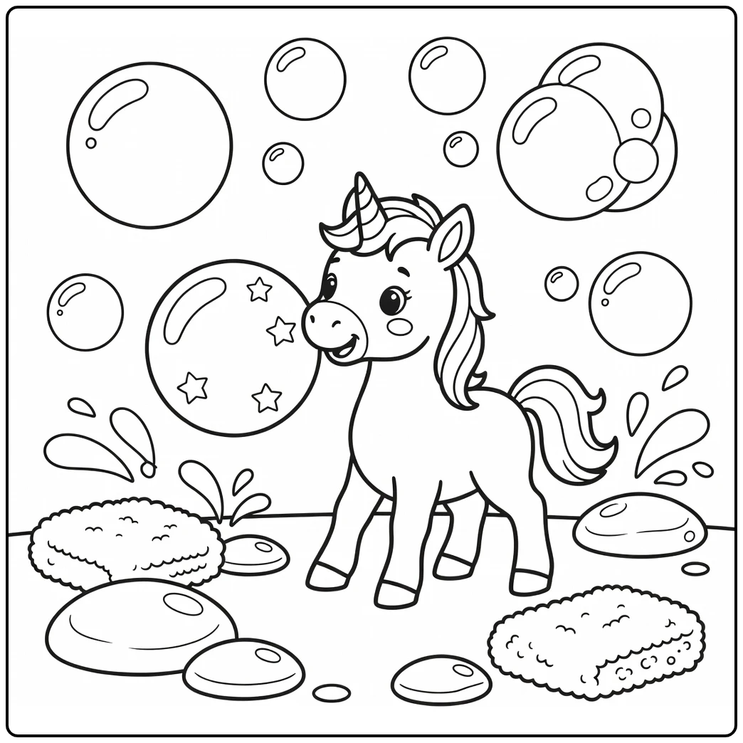 Baby unicorn coloring page: foal nuzzles giant star bubble