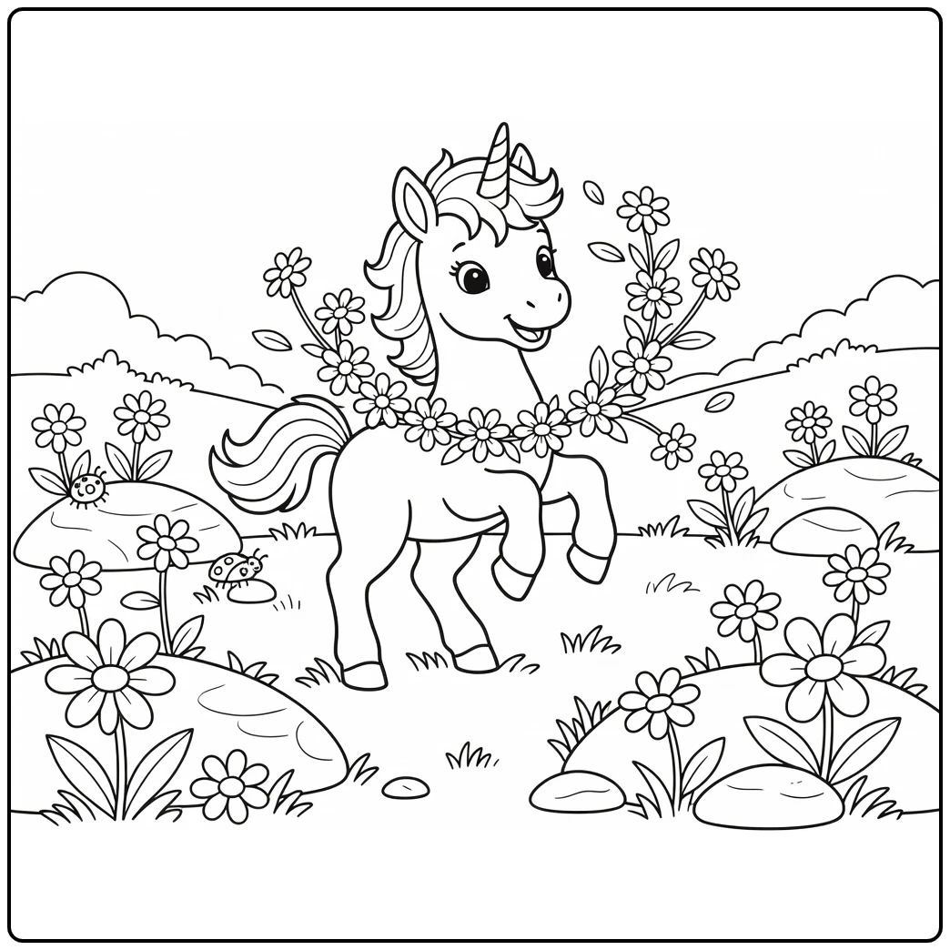 Baby unicorn coloring page: foal shakes daisy wreath in field
