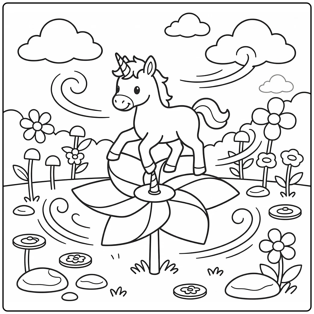 Baby unicorn coloring page: foal balancing on pinwheel in garden