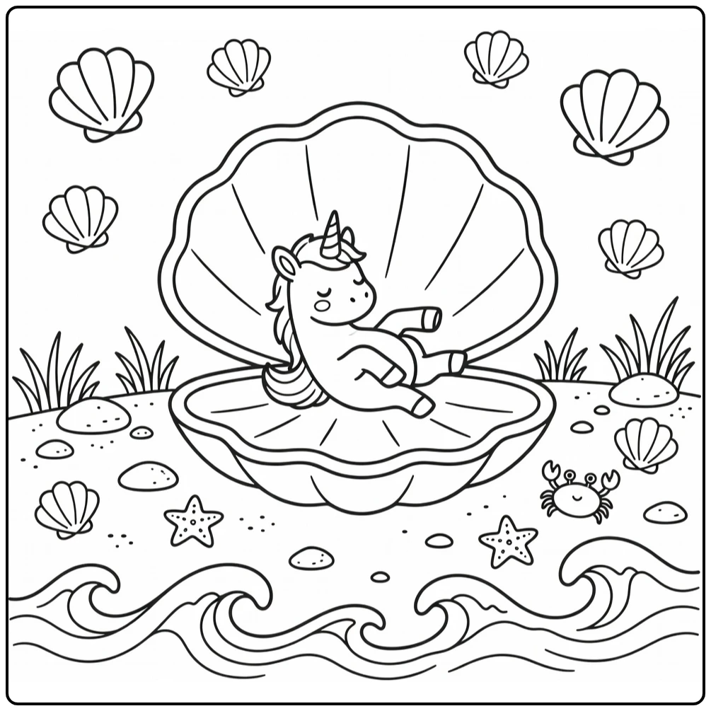 Baby unicorn coloring page: foal in seashell cradle seaside