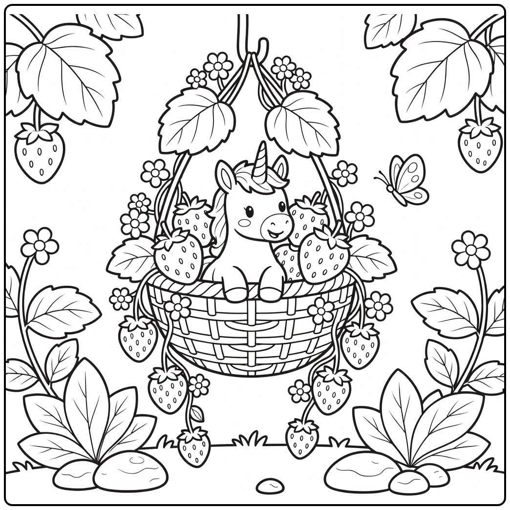Baby unicorn coloring page in giant strawberry basket