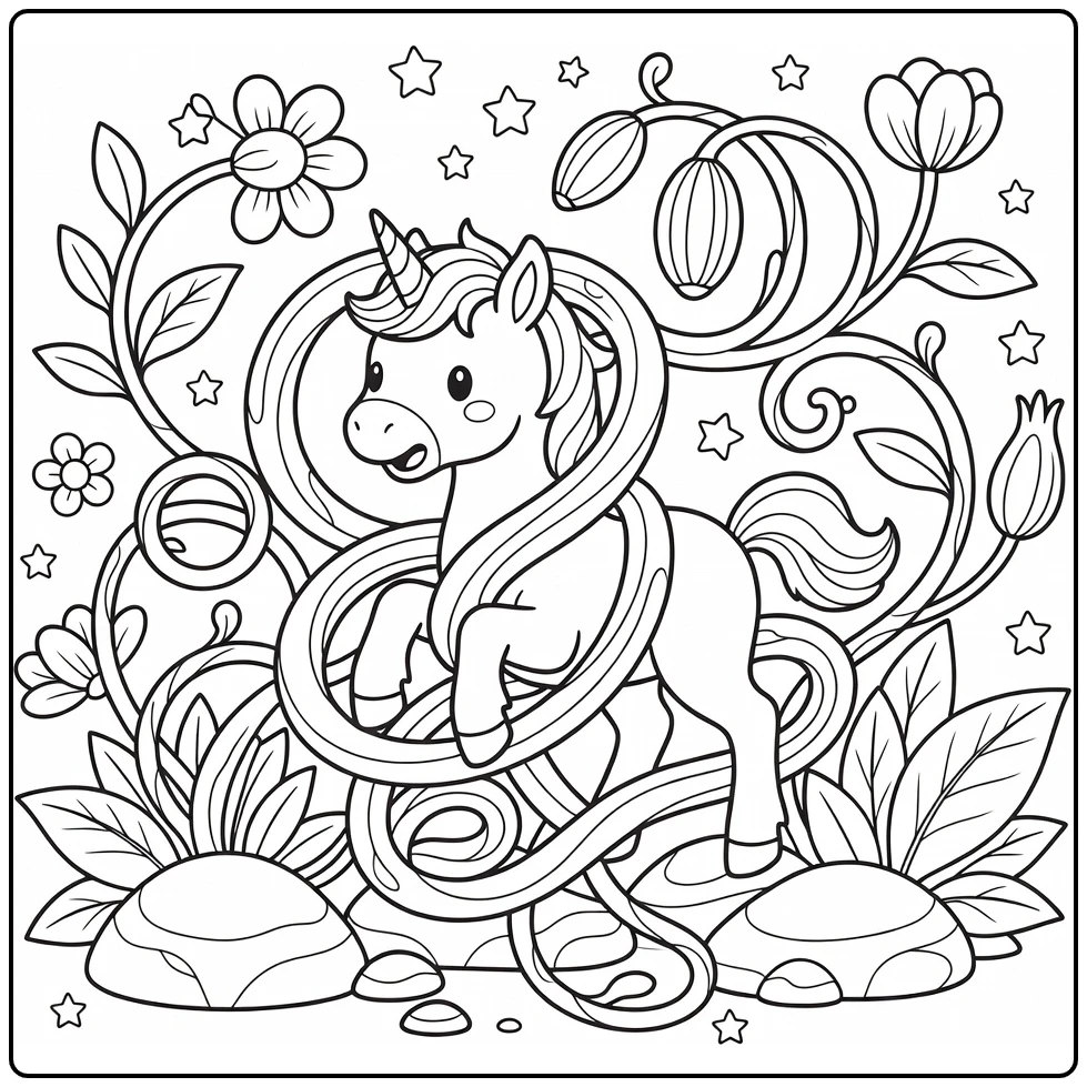 Baby unicorn coloring page: foal tangled in vines