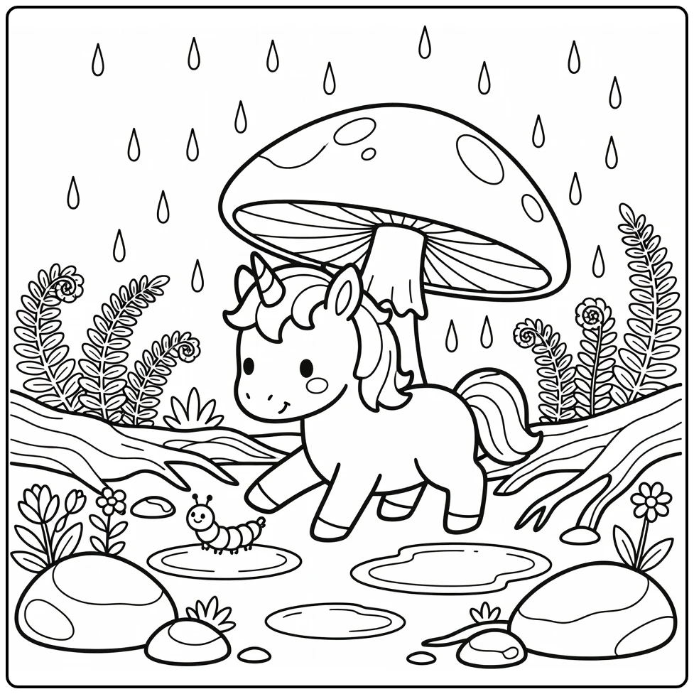 Baby unicorn coloring page: foal under mushroom in rain