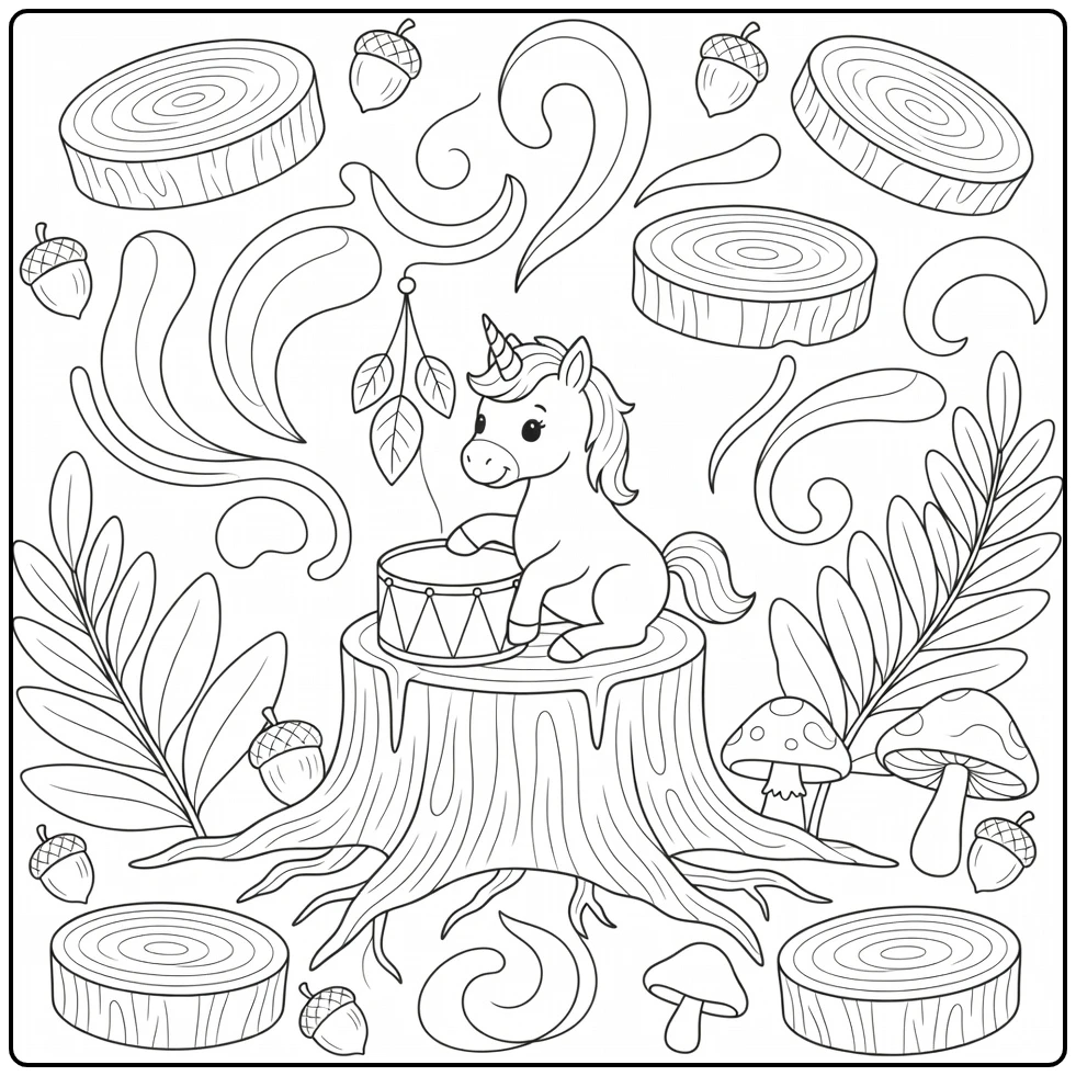 Baby unicorn coloring page: foal drumming tree stump chime