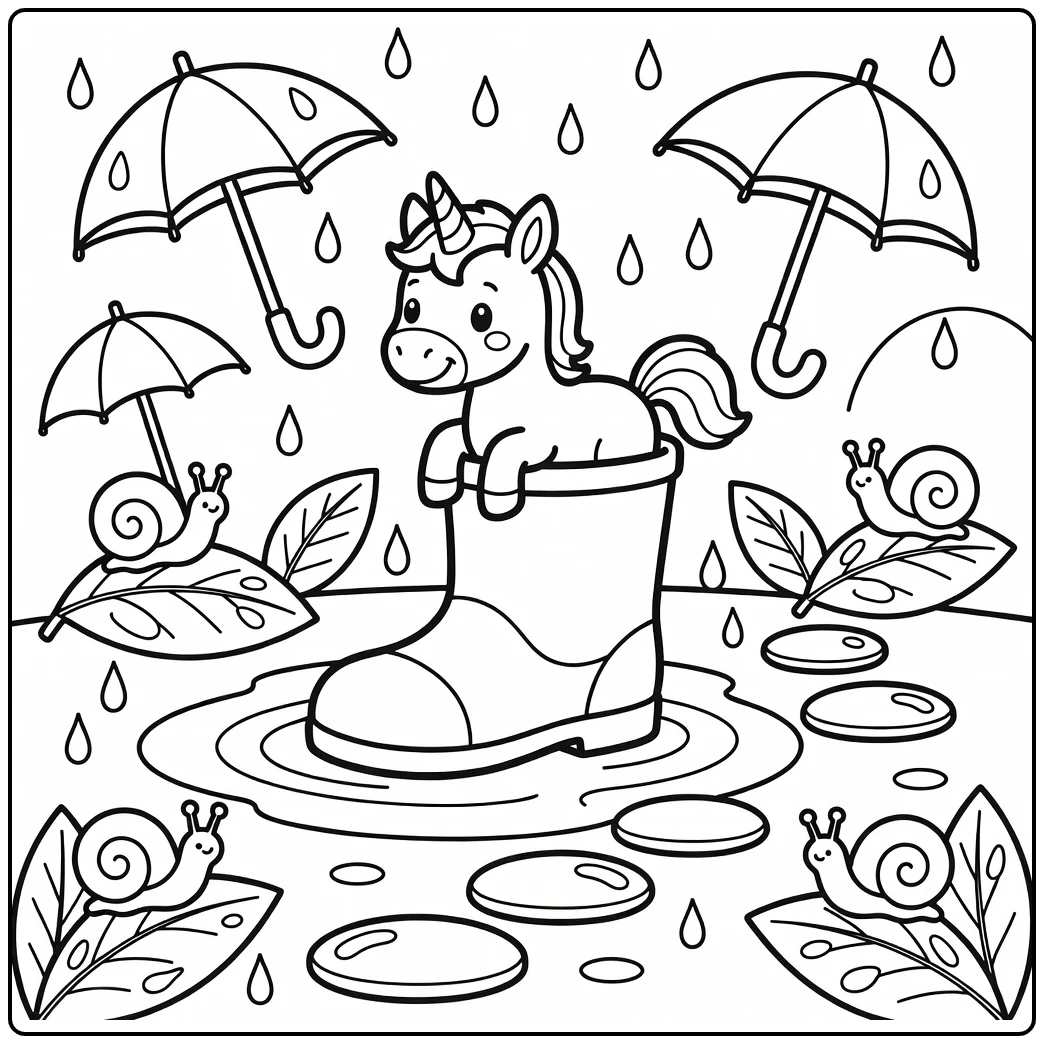 Baby unicorn coloring page: foal in giant rain boot, rainy fun
