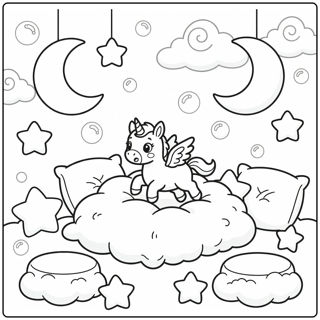 Baby unicorn with wings coloring page crash-landing in pillows