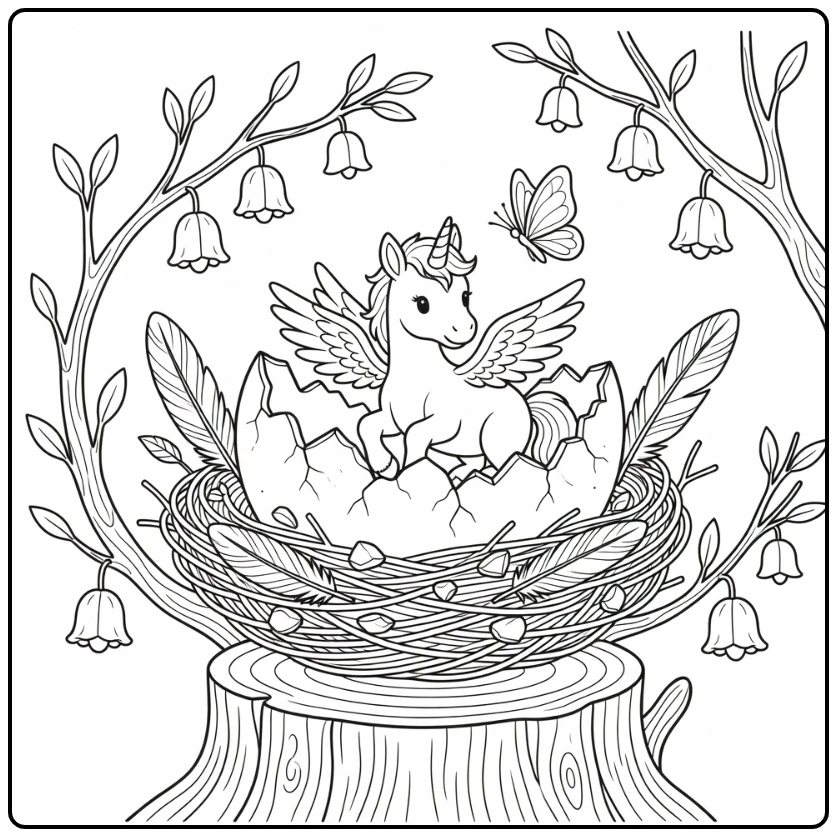 Baby unicorn with wings coloring page hatching nest scene