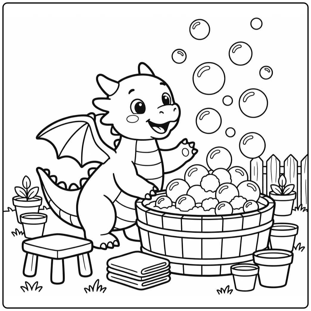 Dragon coloring page for kids: baby dragon chasing bubbles by tub