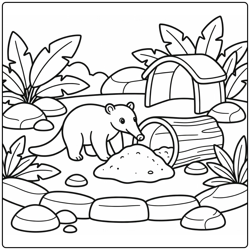 Baby zoo coloring page: baby anteater exploring log mound