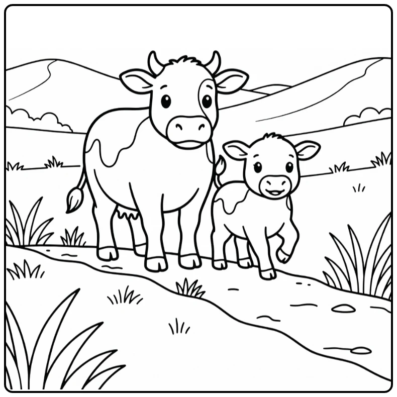 Cow guides wobbly calf on ridge, cow and calf coloring pages