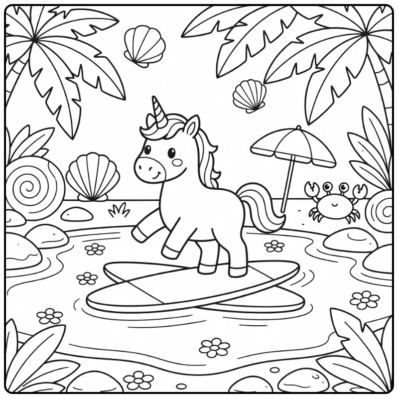 Unicorn summer coloring page: unicorn on paddleboard & crab