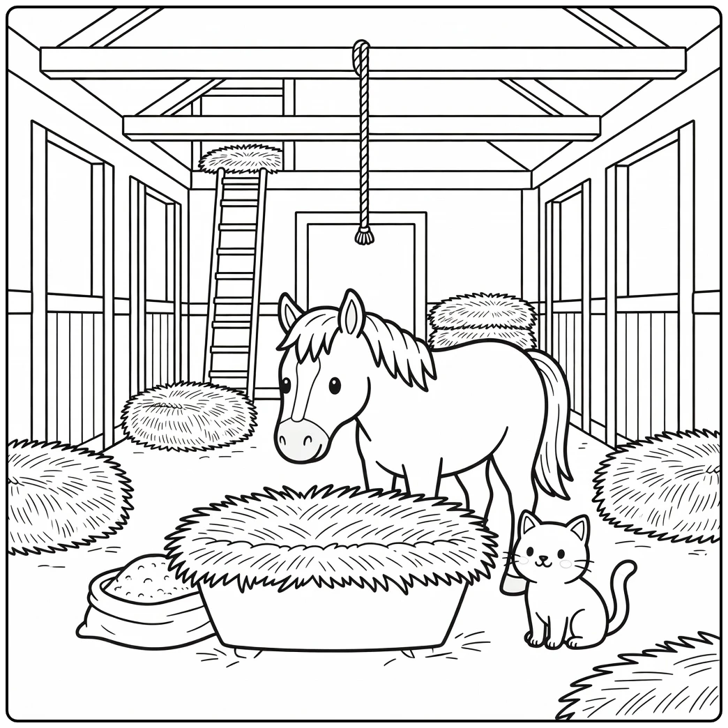 Barn animal coloring page: horse at manger with cat in barn