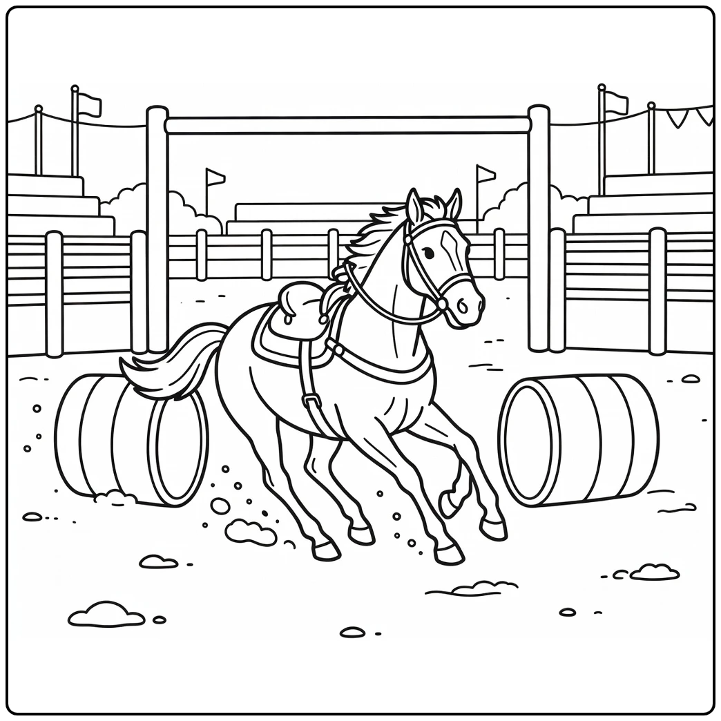 Barrel racing horse coloring page with horse at full stride