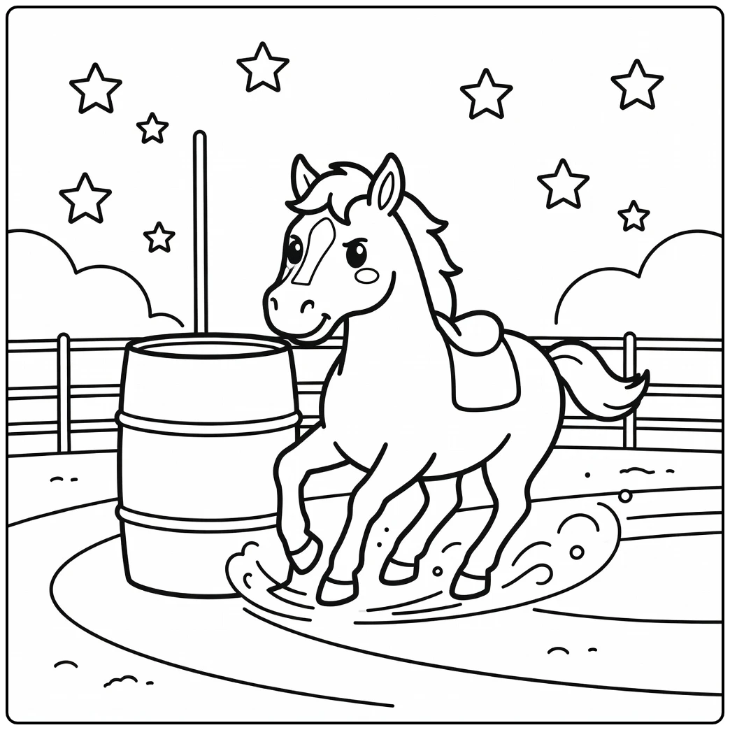 Barrel racing horse coloring page showing powerful finish stop