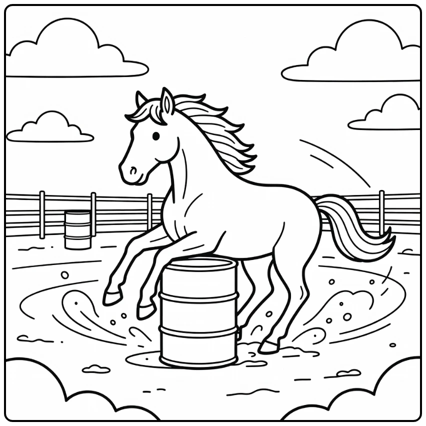 Dynamic barrel racing horse coloring page with sharp turn