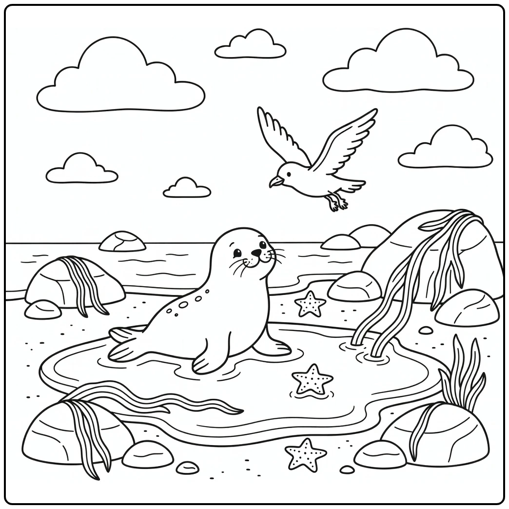Beach animals coloring page: seal pup eyes seabird at tide pool