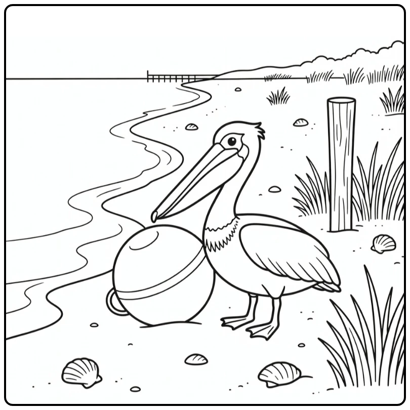 Beach animals coloring page: pelican by surf, float, shells