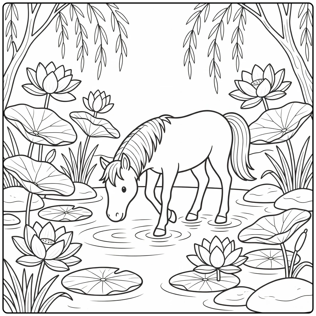 beautiful horse coloring page in serene lotus pond