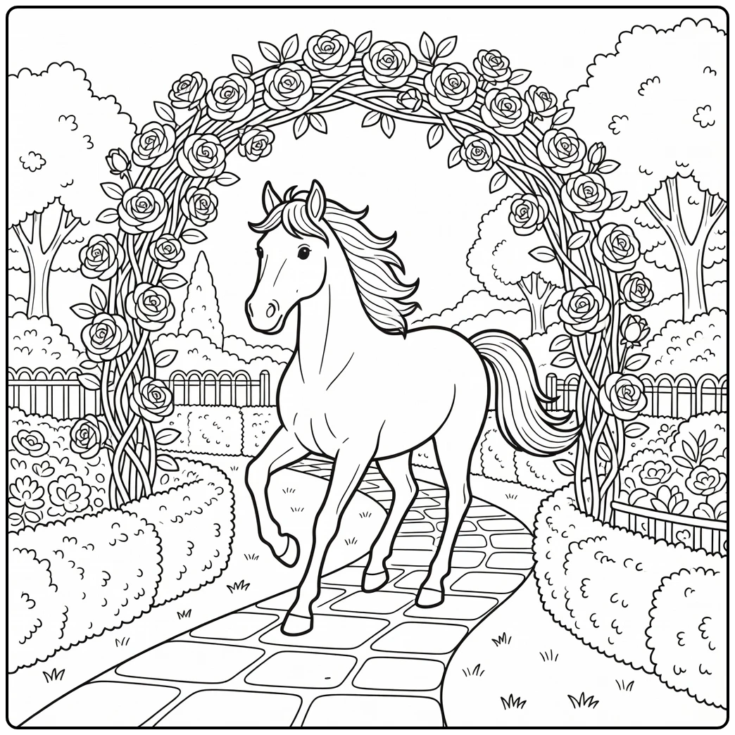 Beautiful horse coloring page under rose arch in garden