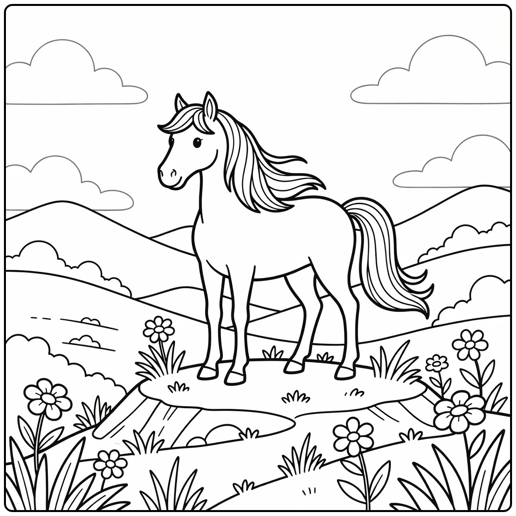Beautiful horse coloring page on rocky hill with flowing mane