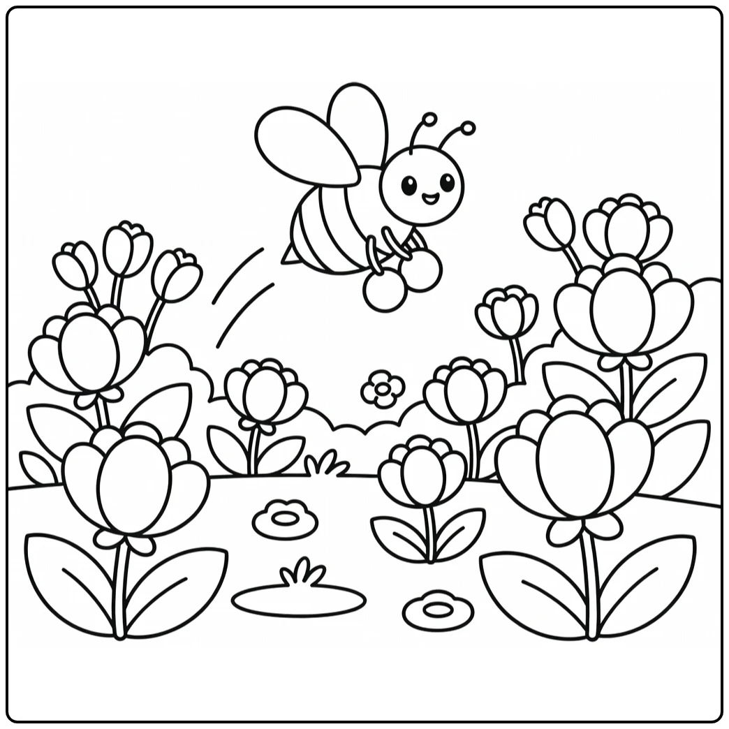 Bee Coloring Page of flying bee with pollen over flowers