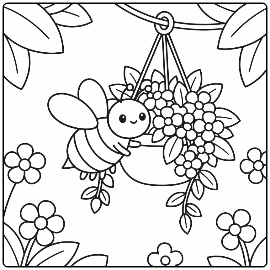 Bee coloring page of cute bee flying to hanging wildflower basket