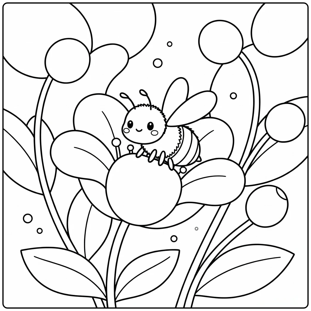 Bee coloring page of bee on large open blossom