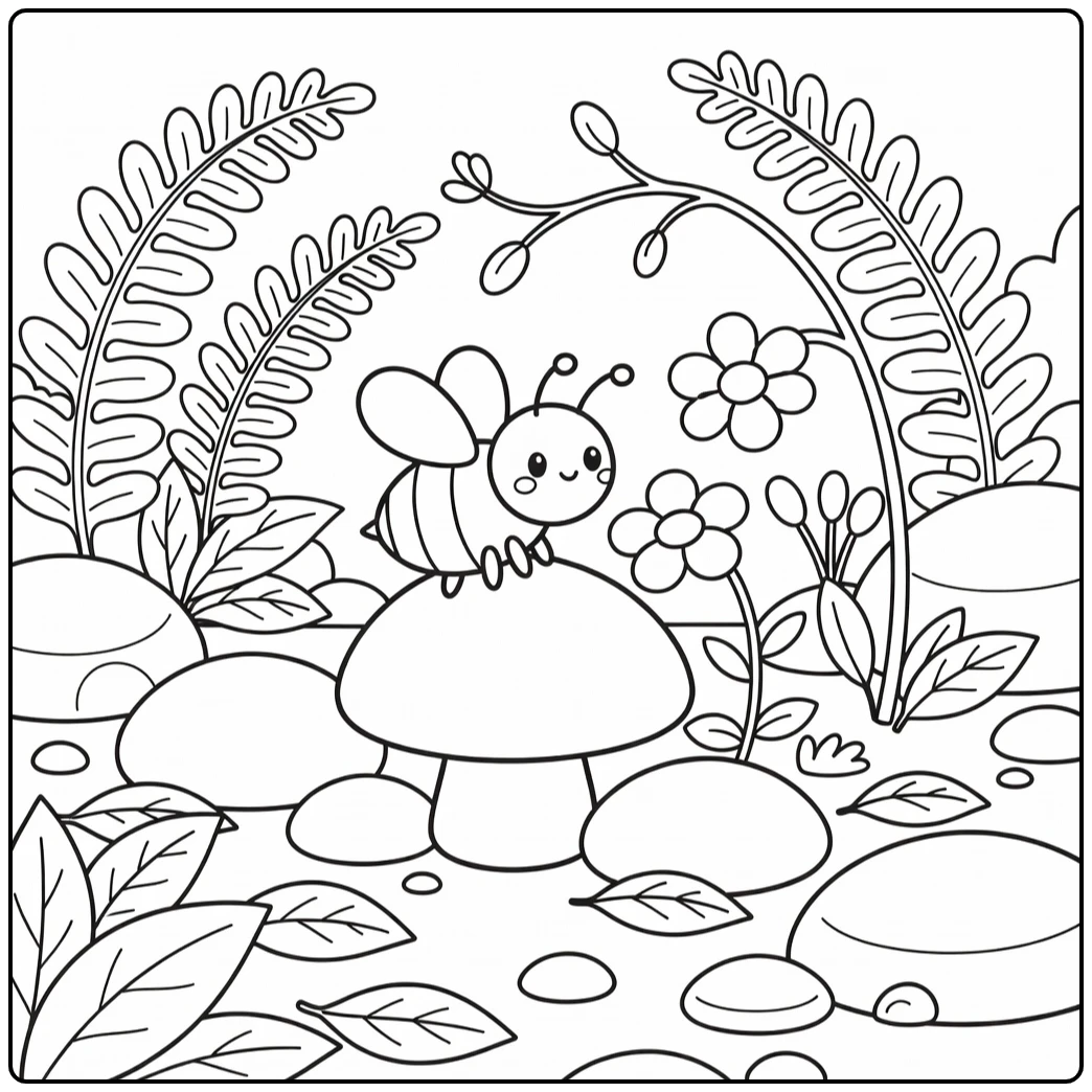 Bee coloring page with bee on mushroom near flower