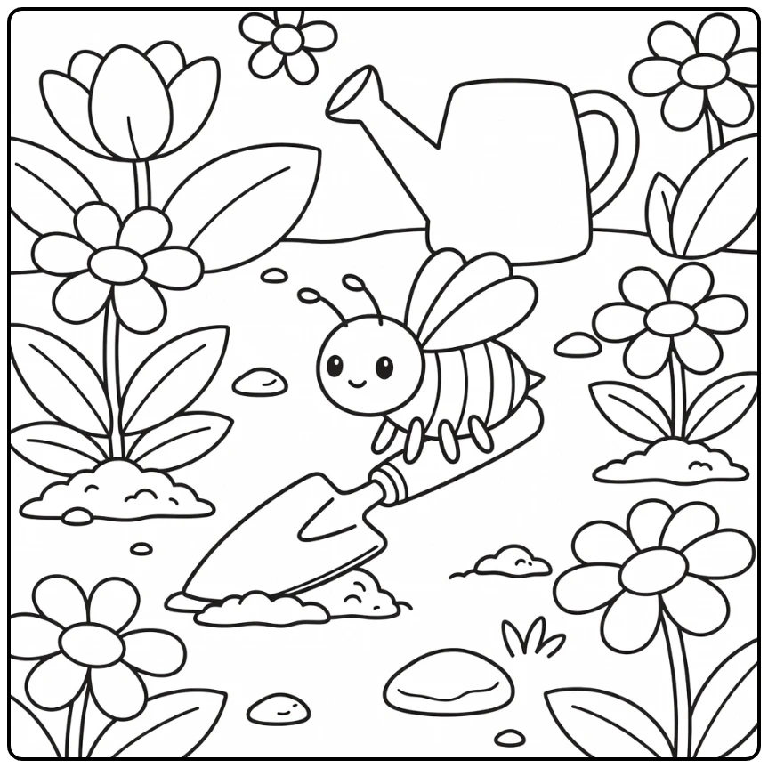 Bee coloring page of bee on garden trowel handle