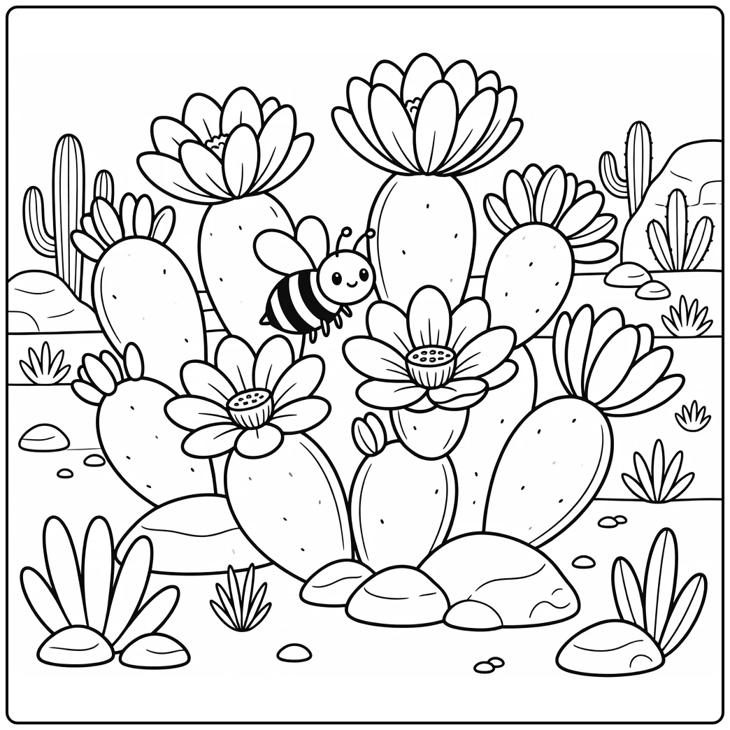 Bee coloring page with bee near cactus flowers