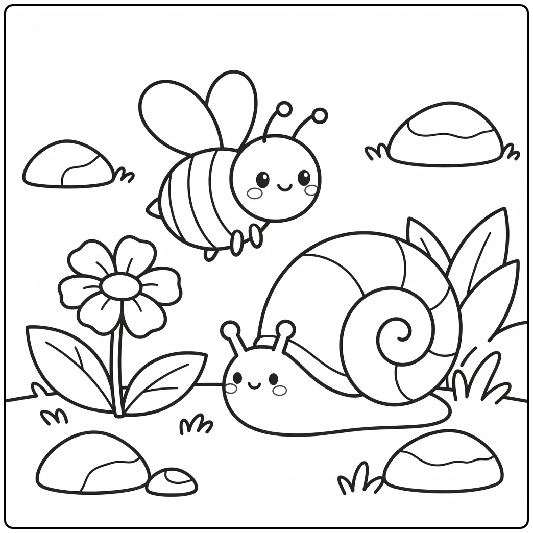 Bee coloring page with snail shell near garden flower
