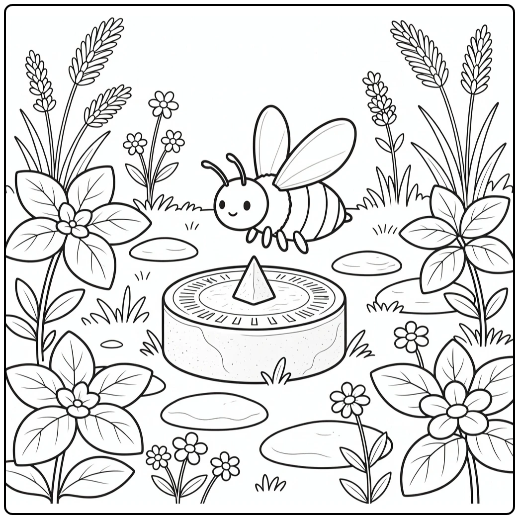 Bee coloring page for adults sundial in herb garden