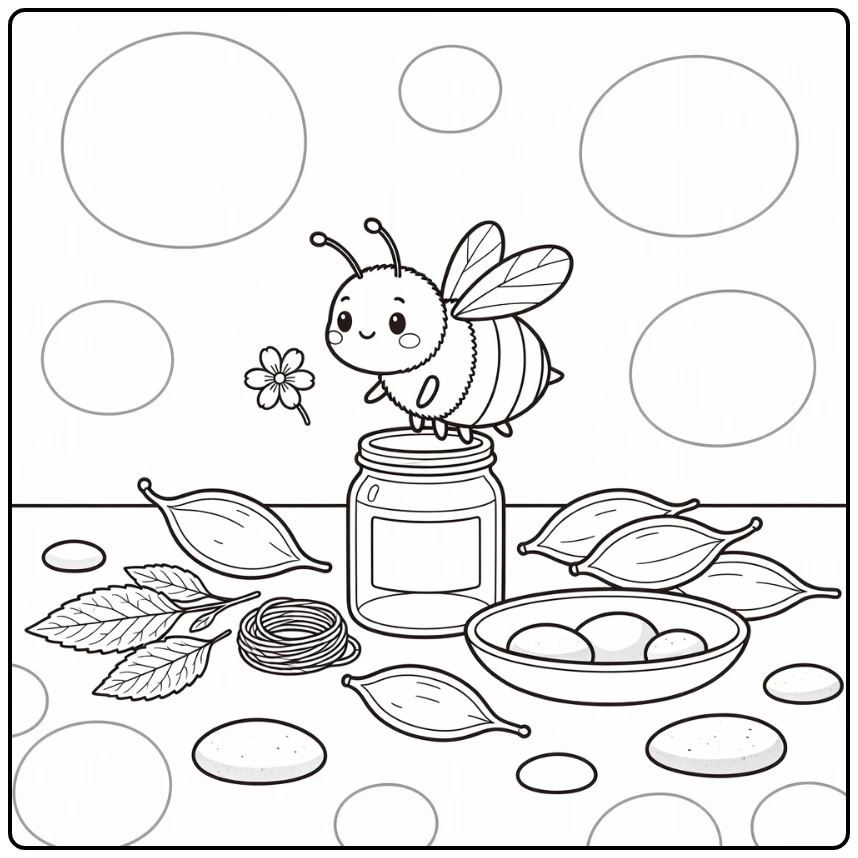 Bee coloring page for adults bee on jar and herb blossom