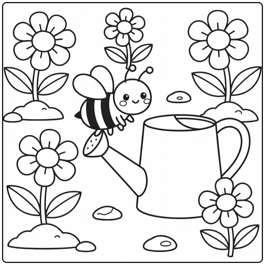 Bee coloring page for kids bee on watering can near flower