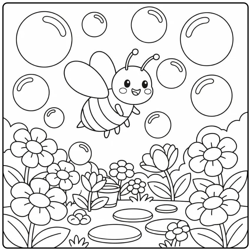 Bee coloring page for kids cheerful bee with garden bubbles