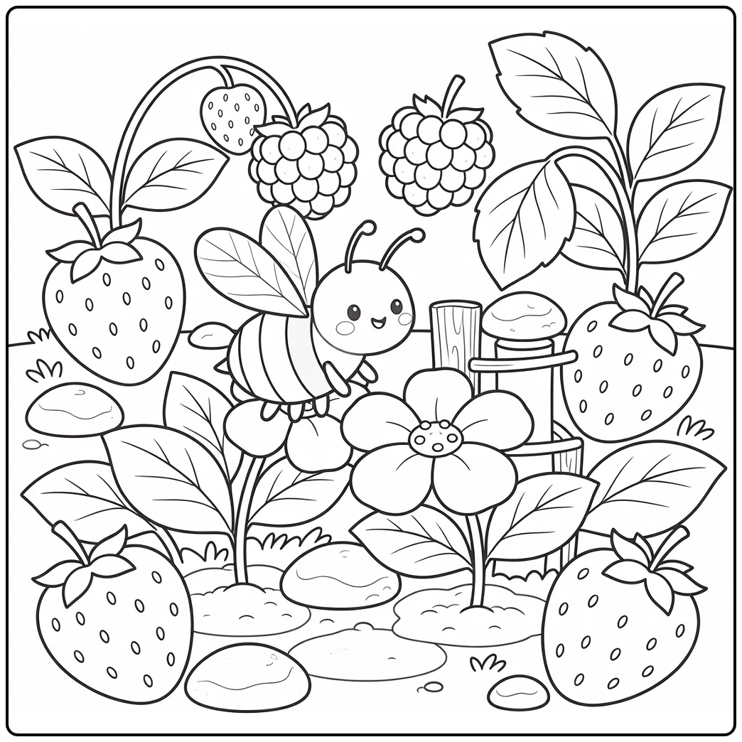 Bee coloring page for kids gentle bee on strawberry blossom
