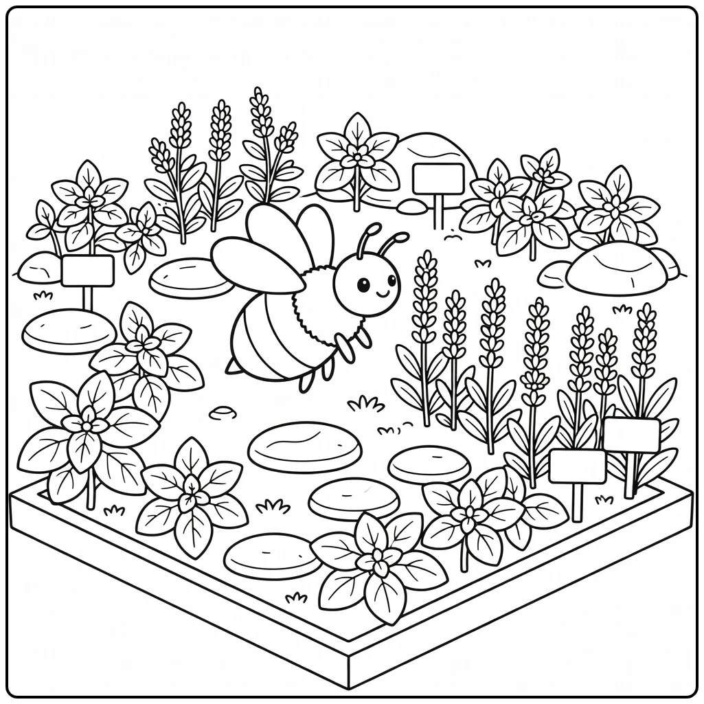 Bee coloring page over herb garden with flowers