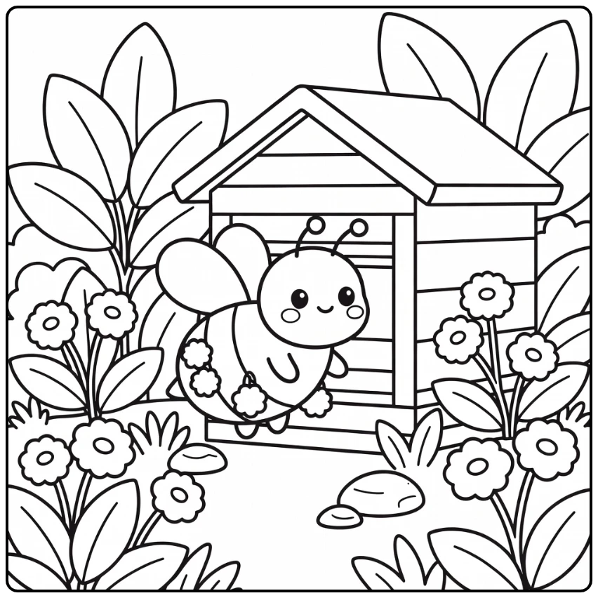 Adorable bee coloring page showing bee near garden hive
