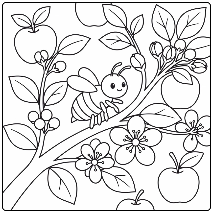 Bee coloring page of bee on apple blossom branch
