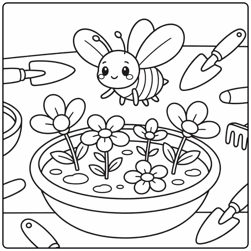 Bee coloring page with bee over flower bowl and garden tools