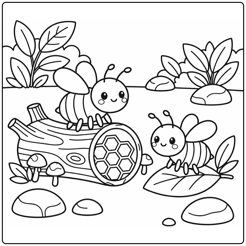 Bee coloring page with two bees at hollow log hive and leaf