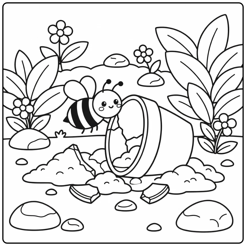 Bee coloring page with bee near broken flower pot