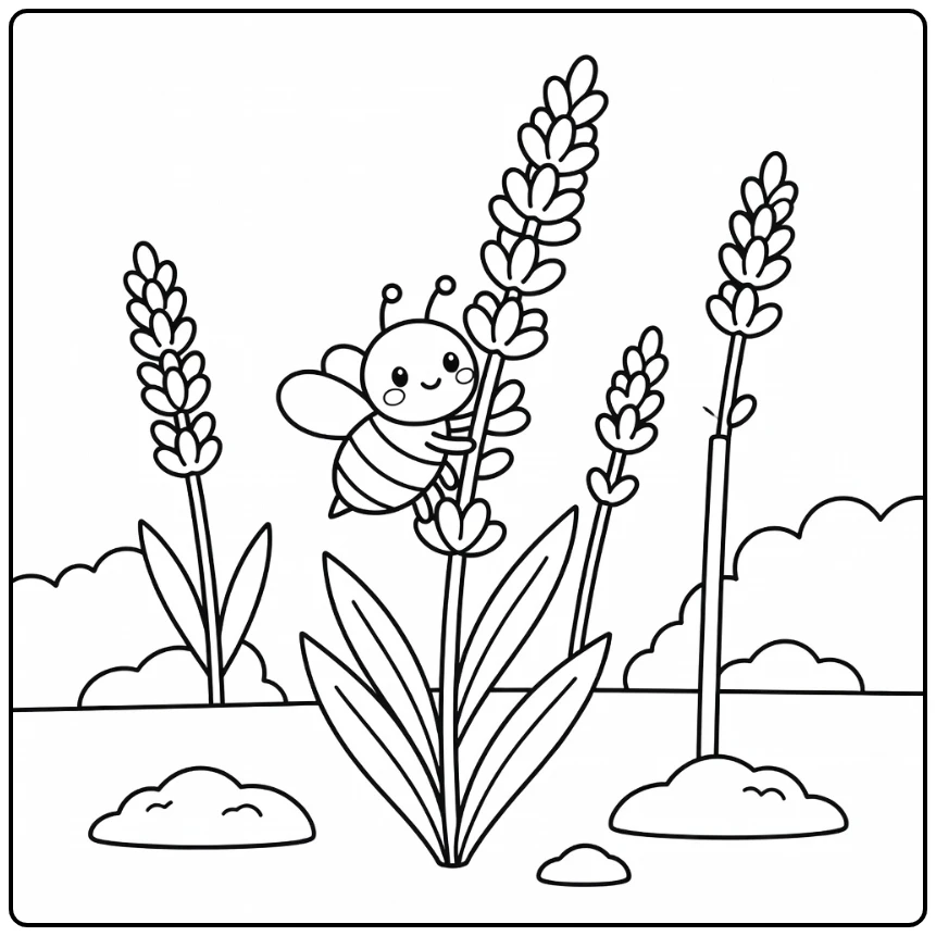 bee coloring page with bee climbing lavender flower stem