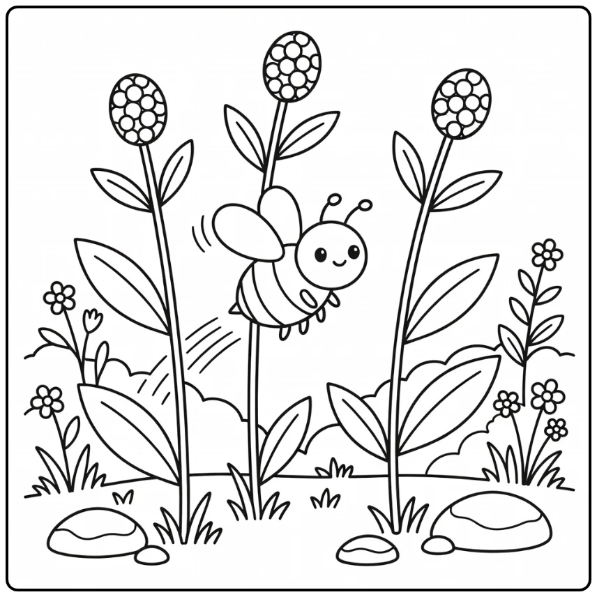 bee coloring page with cute bee among meadow stems