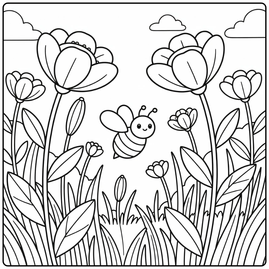 Bee coloring page of bee flying between flower blossoms