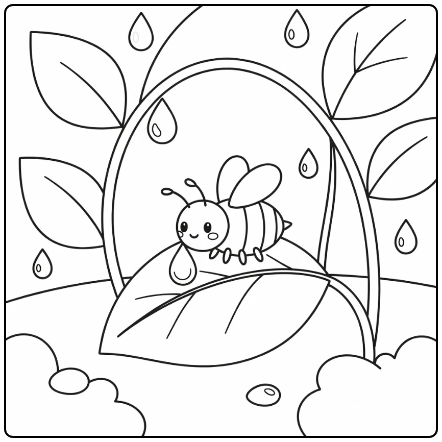 Bee coloring page of bee on leaf with large dew drop