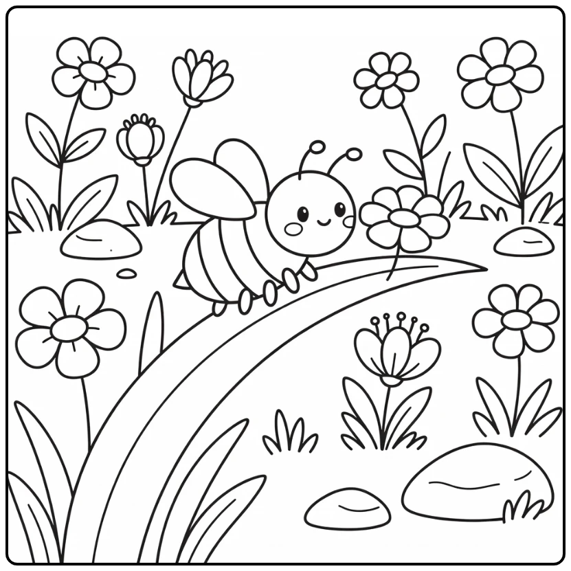 Bee coloring page with bee on curved grass near wildflower