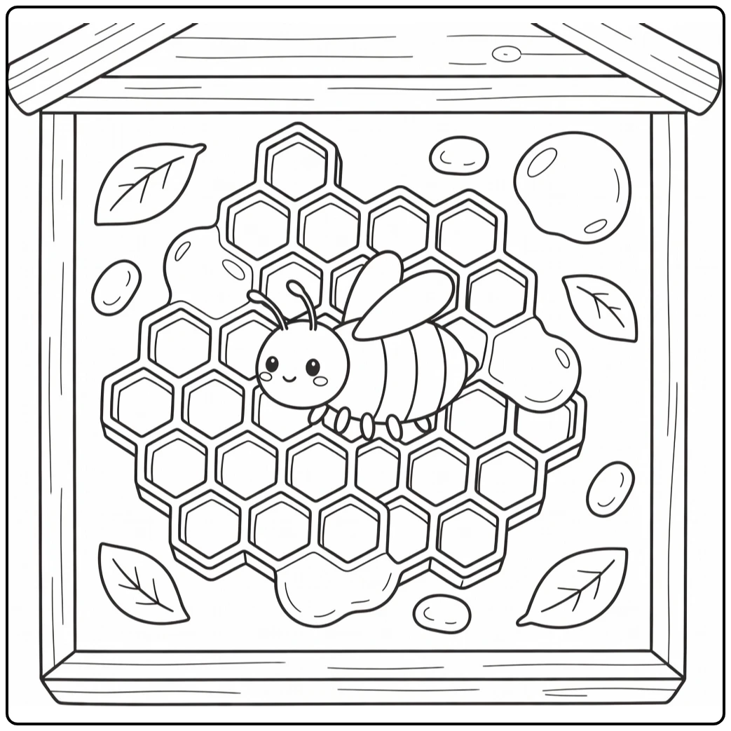 Bee coloring page of bee on honeycomb in hive opening